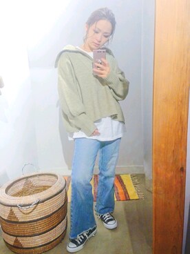 「Auntie Rosa Holiday（アンティローザホリデー）のバルーンスリーブハーフZIPニット（ニット/セーター）」を使った、minomushiさん（レディース・147cm）の冬コーディネート