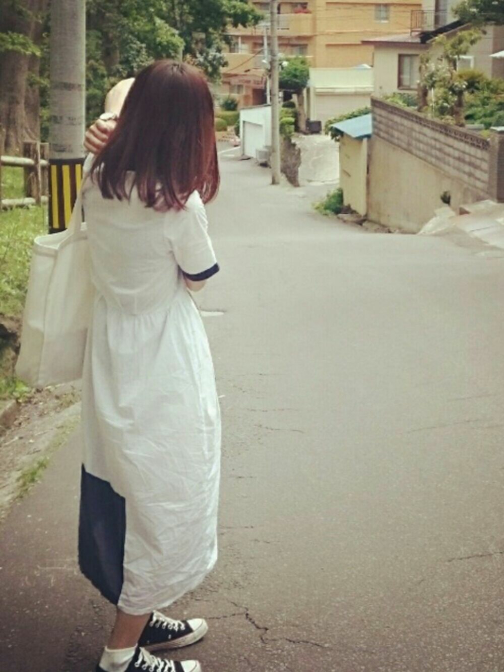 「函館、ホワイト、大学生、初投稿、夏」｜「MERLOTのパッチワークシャツワンピース7014（シャツワンピース、ホワイト系）」を使った、みやさん（レディース・154cm）の夏コーディネートの1枚目の写真