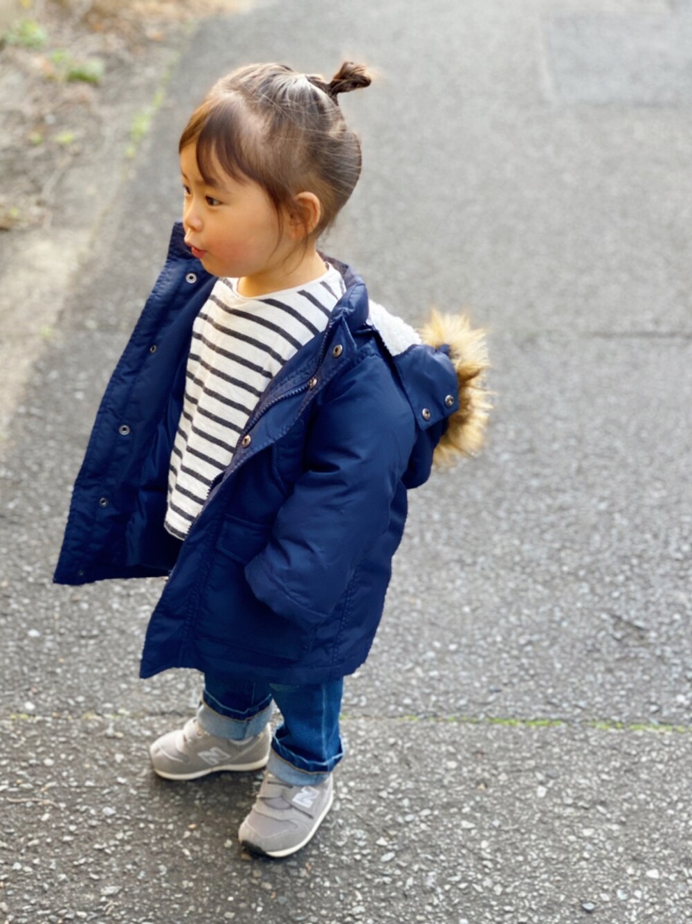 「80cm、2歳、ボーダー、デニム、devirock、ネイビー」｜「ZARA KIDSのアイテム（トップス、その他）」を使った、manjuさん（キッズ・80cm）の冬コーディネートの1枚目の写真