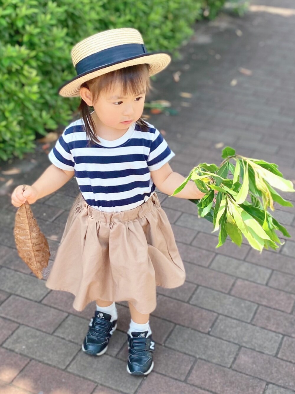「2歳、女の子、プチプラ、春夏コーデ、カンカン帽、ボーダー、ハイウエスト」｜「ZARA KIDSのアイテム（帽子、ベージュ系）」を使った、manjuさん（キッズ・90cm）の夏コーディネートの1枚目の写真