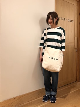 「coen（コーエン）のテーパードスリム5ポケットデニムパンツ（デニムパンツ）」を使った、coen ゆきさん（レディース・156cm）の春コーディネート