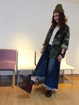「アイテム（デニムスカート、ブルー系）」を使った、Reiさん（レディース・157cm）の冬コーディネート