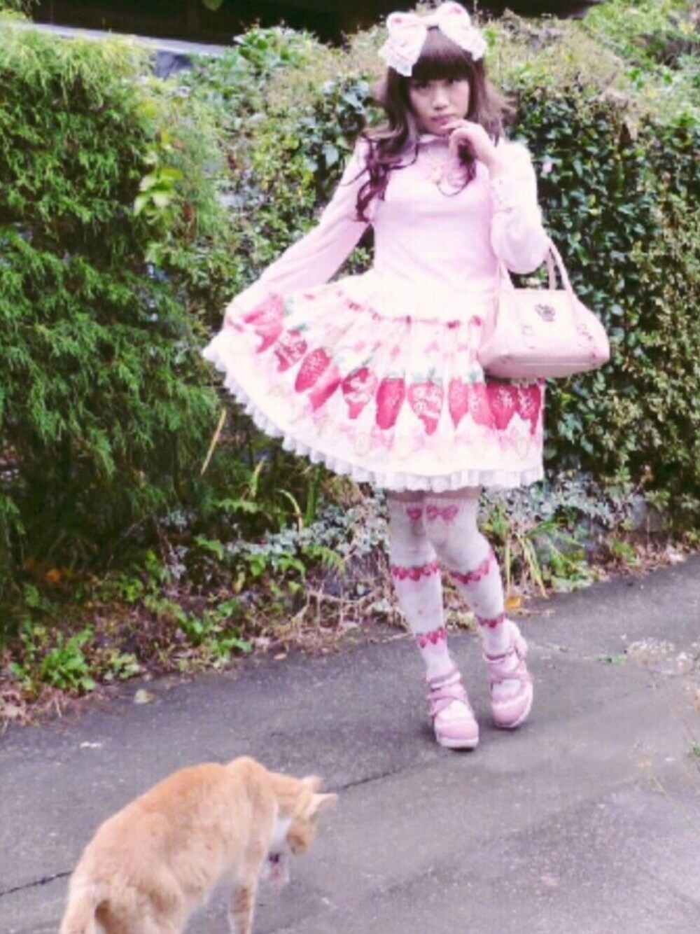 「グラデーションヘア、SUGARCRANZ、Ribbon Holic、カットソー、Angelic Pretty、ギャザースカート、Melty Berry Princess、いちご、イチゴ柄、オーバーニーソックス、がま口バッグ、BABY, THE STARS SHINE BRIGHT、ピンク×白、ロリータ、ロリィタ」｜「Ribbon HolicのRibbon Holic/ホイップサンド ケーキネックレス(ゴールド系)（ネックレス、その他）」を使った、✞𝔪𝖎𝖈𝖍𝖊𝖙𝖙𝖊✞さん（レディース・162cm）の秋コーディネートの1枚目の写真
