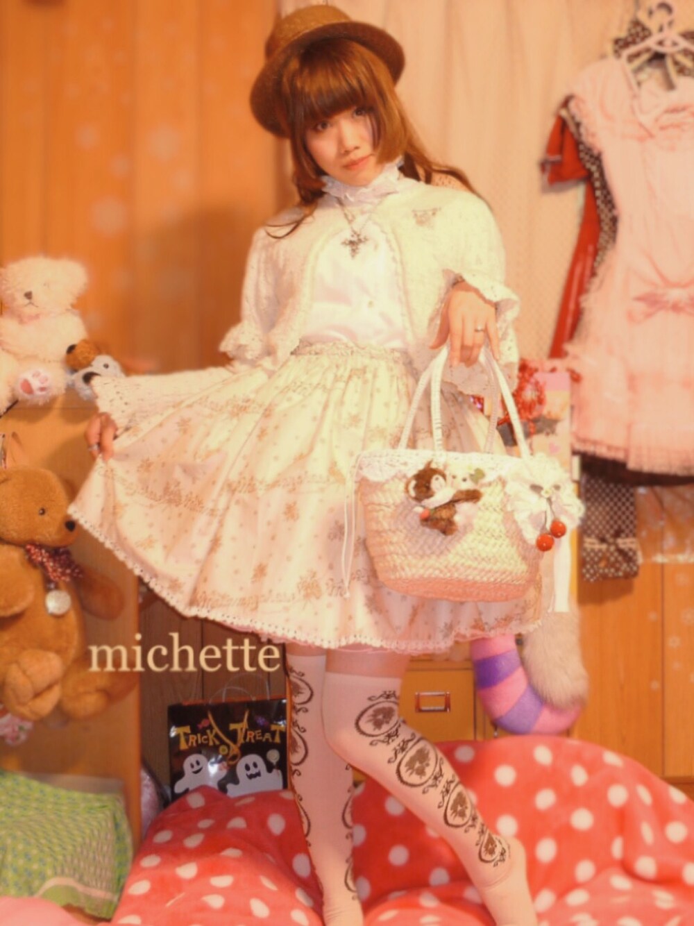 「カンカン帽、ボレロ、姫袖、BABY, THE STARS SHINE BRIGHT、長袖ブラウス、ギャザースカート、metamorphose temps de fille、かごバッグ、ロリータ、ロリィタ」｜「INGNIのカンカン帽（帽子、ブラウン系）」を使った、✞𝔪𝖎𝖈𝖍𝖊𝖙𝖙𝖊✞さん（レディース・162cm）の春コーディネートの1枚目の写真