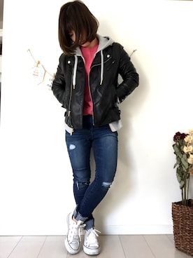 「AS KNOW AS plus（アズノゥアズプラス）のアイテム（ライダースジャケット）」を使った、Mayukaさん（レディース・141cm）の冬コーディネート