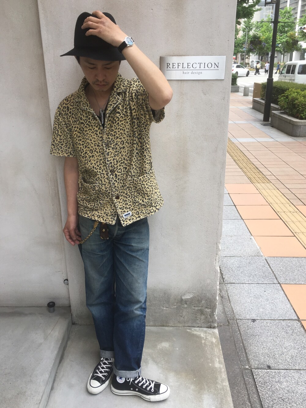 「カジュアル、denim、converse、orslow、RADIALL、シャツスタイル、神戸、美容室、三ノ宮、reflection」｜「RADIALLのアイテム（ハット、ブラック系）」を使った、REFLECTIONさん（メンズ・172cm）の春コーディネートの1枚目の写真