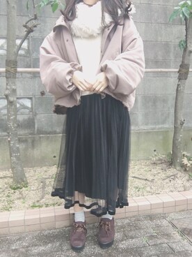 「袖ボリューム」｜「アイテム（ブルゾン）」を使った、もく ❤︎さん（レディース・154cm）の秋コーディネート