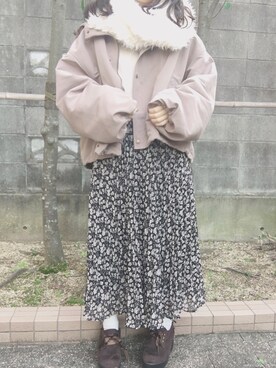 「くすみピンク」｜「アイテム（ブルゾン）」を使った、もく ❤︎さん（レディース・154cm）の冬コーディネート