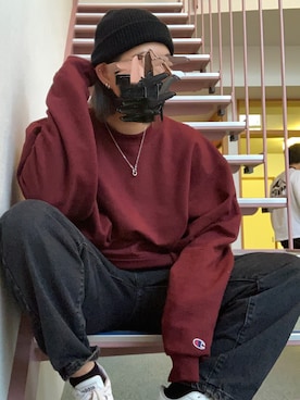 「Champion（チャンピオン）のアイテム（スウェット、レッド系）」を使った、rikuさん（レディース・153cm）の秋コーディネート