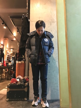 「muta（ムータ）のアイテム（ダウンジャケット/コート）」を使った、山Dさん（メンズ・160cm）の秋コーディネート