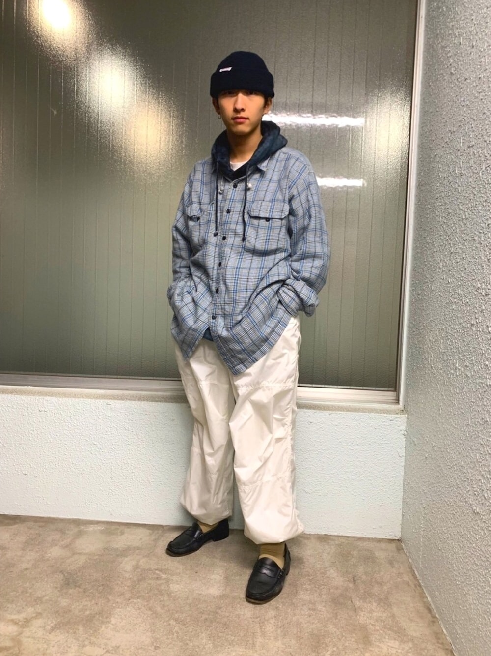 「お洒落さんとつながりたい、ビッグシルエット、古着屋、古着、古着コーデ、used、ネルシャツ、トラックパンツ、パーカー、ストリート」｜「POLO SPORTSのアイテム（シャツ/ブラウス、その他）」を使った、ちむさん（メンズ・170cm）の冬コーディネートの1枚目の写真
