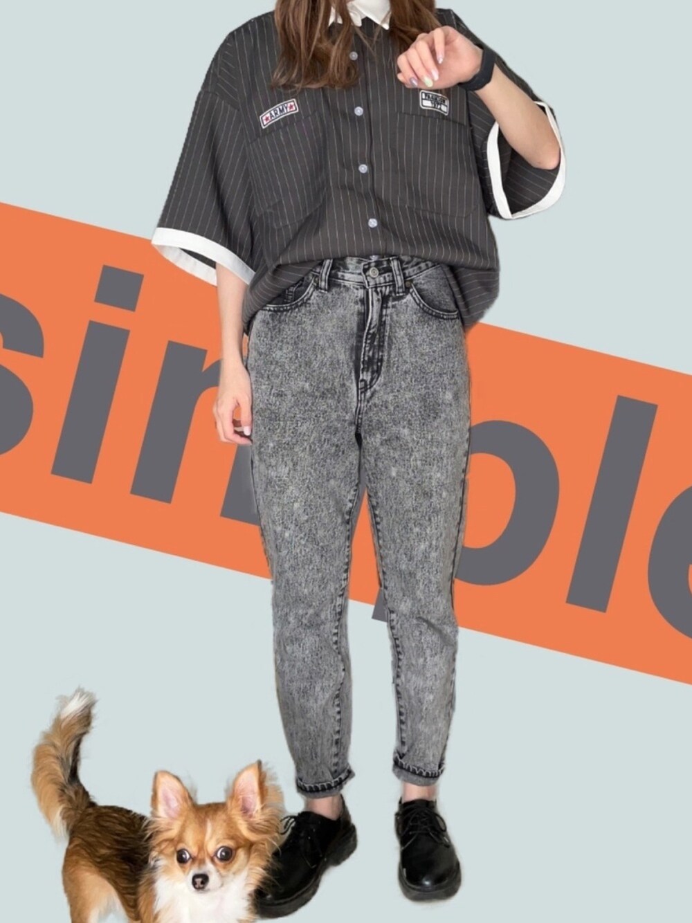 「これが私をアゲる服、夏コーデ、プチプラコーデ、kutir、シャツコーデ、GU、ブラックコーデ、韓国ファッション、オーバーサイズ」｜「kutirのストライプパッチシャツ（シャツ/ブラウス、グレー系）」を使った、hakoさん（レディース・163cm）の春コーディネートの1枚目の写真