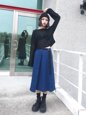「blue」｜「アイテム（ニットキャップ/ビーニー）」を使った、林萱 shiuannnさん（レディース・163cm）の春コーディネート