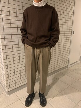 「INHERIT（インヘリット）のアイテム（スラックス）」を使った、こーんさん（メンズ・162cm）の秋コーディネート