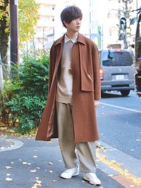 「CULLNI（クルニ）のアイテム（ステンカラーコート）」を使った、桜江しゅう さん（メンズ・180cm）の冬コーディネート