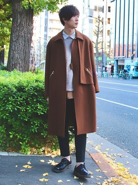 「CULLNI（クルニ）のアイテム（ステンカラーコート）」を使った、桜江しゅう さん（メンズ・180cm）の冬コーディネート