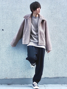 「LIDNM（リドム）のOVERSIZED BOA OUTER（ブルゾン）」を使った、桜江しゅう さん（メンズ・180cm）の冬コーディネート