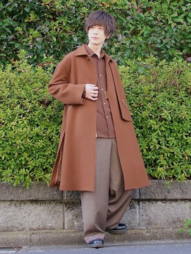 「CULLNI（クルニ）のアイテム（ステンカラーコート）」を使った、桜江しゅう さん（メンズ・180cm）の冬コーディネート