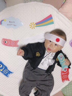 「アイテム（ロンパース、ブラック系）」を使った、glicoさん（キッズ・70cm）の夏コーディネート