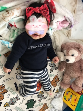 「アイテム（タイツ/ストッキング、ブルー系）」を使った、にこちゃんさん（キッズ・70cm）の春コーディネート