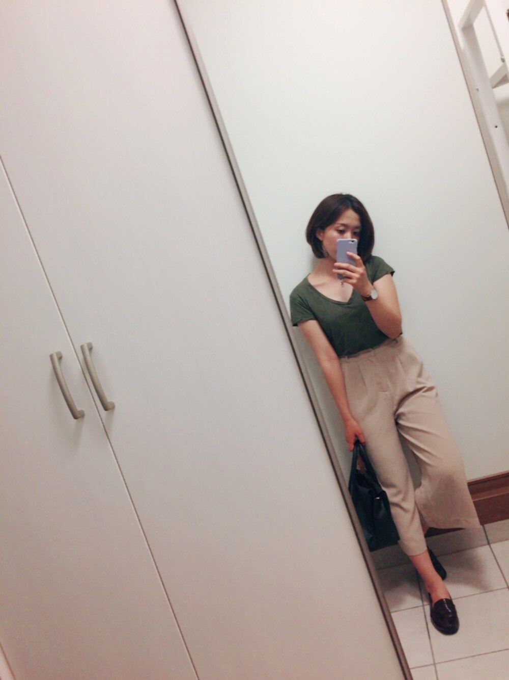「シンプルコーデ、プチプラコーデ、カーキ、ガウチョパンツ、ローファー、ZARA」｜「ZARAのアイテム（Tシャツ/カットソー、グリーン系）」を使った、Merbさん（レディース・158cm）の夏コーディネートの1枚目の写真