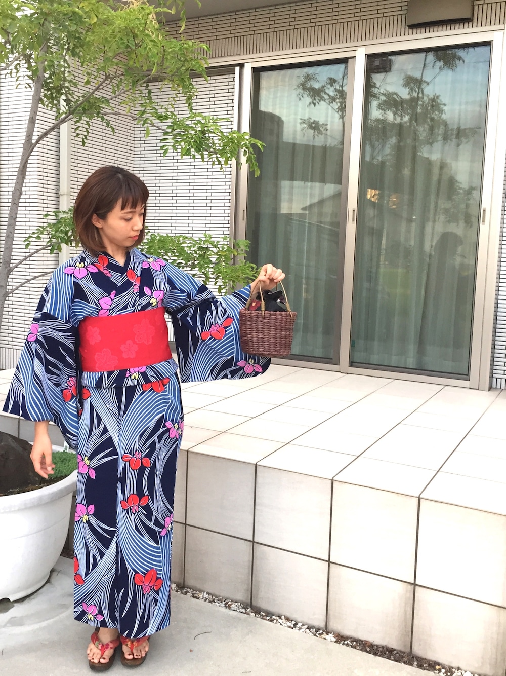 「浴衣、花火大会、祭り、おさがり、ゆかた、おかっぱ、手作り、ヴィンテージ、レトロ」｜「母手作り👘のアイテム（浴衣、ブルー系）」を使った、Merbさん（レディース・158cm）の夏コーディネートの1枚目の写真