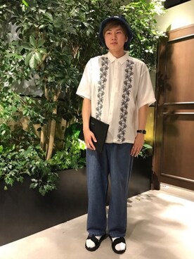 「RAGEBLUE（レイジブルー）のアイテム（クラッチバッグ）」を使った、石村さん（メンズ・174cm）の春コーディネート