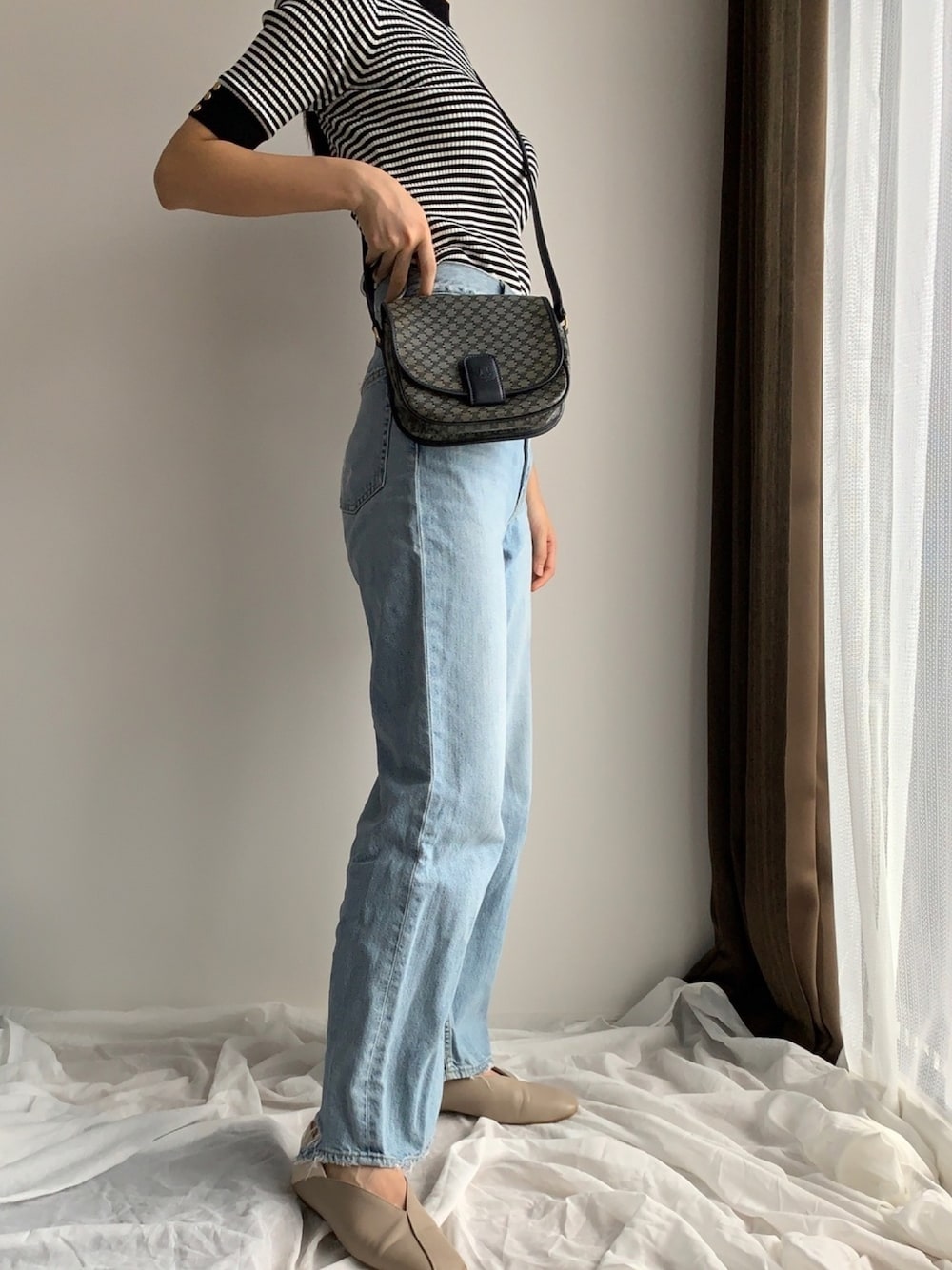 「楽チンコーデ、カジュアルコーデ、デニムパンツ、ボーダー、INDEX、AZUL by moussy、ORiental TRaffic(ORiental TRaffic)、CELINE」｜「AZUL by moussyのアイテム（パンツ、ブルー系）」を使った、armnさん（レディース・168cm）の夏コーディネートの1枚目の写真