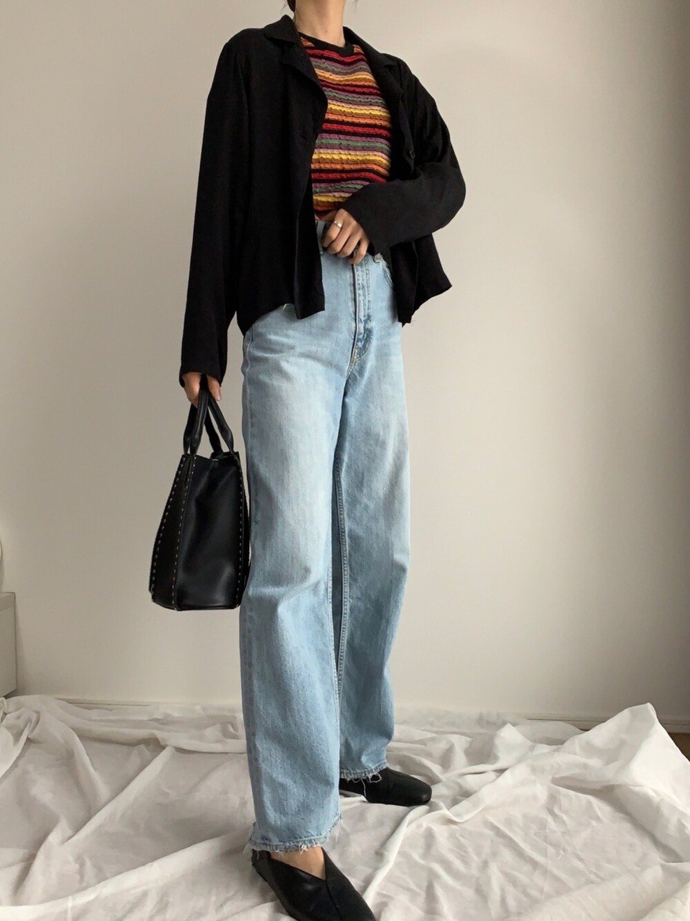 「秋服、パンツスタイル、着回しコーデ、大人カジュアル、デニムパンツ、ZARA、AZUL by moussy、ORiental TRaffic(ORiental TRaffic)、ROSE BUD、ootd」｜「ZARAのアイテム（トップス、ブラック系）」を使った、armnさん（レディース・169cm）の秋コーディネートの1枚目の写真