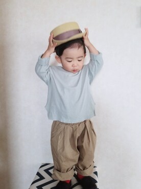 「chocolatesoup（チョコレートスープ）のアイテム（帽子）」を使った、Jr.xxxさん（キッズ・80cm）の春コーディネート