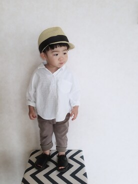 「chocolatesoup（チョコレートスープ）のアイテム（帽子）」を使った、Jr.xxxさん（キッズ・80cm）の春コーディネート