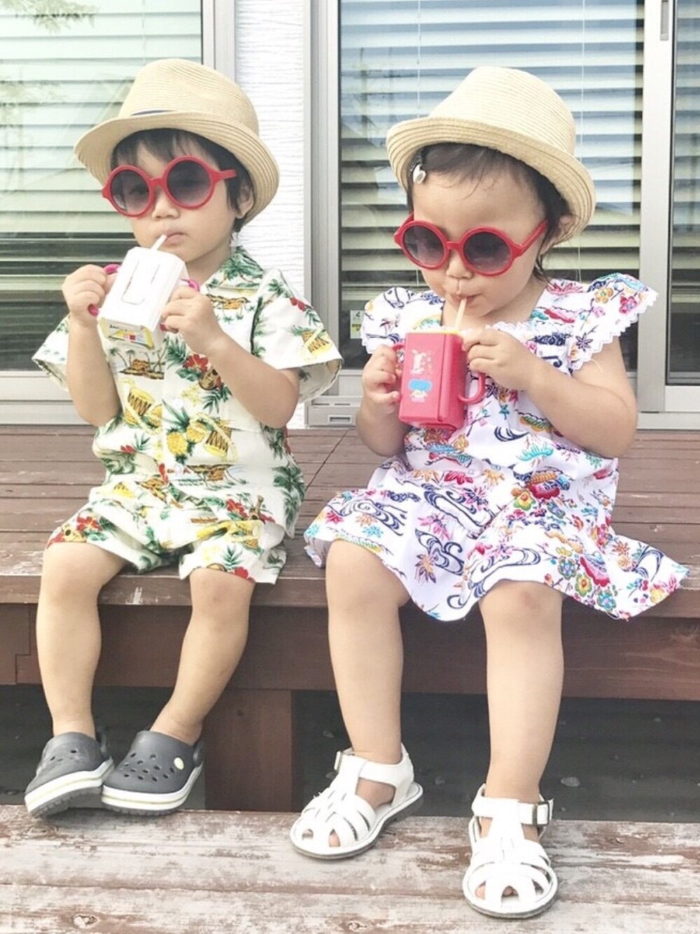 「キッズコーデ、夏コーデ、サングラス、ハット、かりゆしウェア、沖縄、沖縄スタイル、おとこのこ、2歳」｜「♡OKINAWA♡のアイテム（その他、イエロー系）」を使った、choco◡̈⋆*さん（キッズ・80cm）の夏コーディネートの1枚目の写真