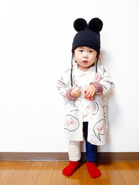 「Mini Rodini（ミニロディーニ）のアイテム（ニットキャップ/ビーニー）」を使った、ちゃんリリさん（キッズ・80cm）の秋コーディネート