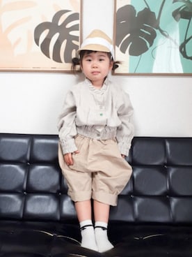 「chocolatesoup（チョコレートスープ）のアイテム（帽子）」を使った、ちゃんリリさん（キッズ・90cm）の春コーディネート