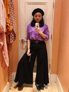 「休闲」｜「アイテム（ハンチング/ベレー帽）」を使った、阿宁别怂さん（レディース・161cm）の春コーディネート