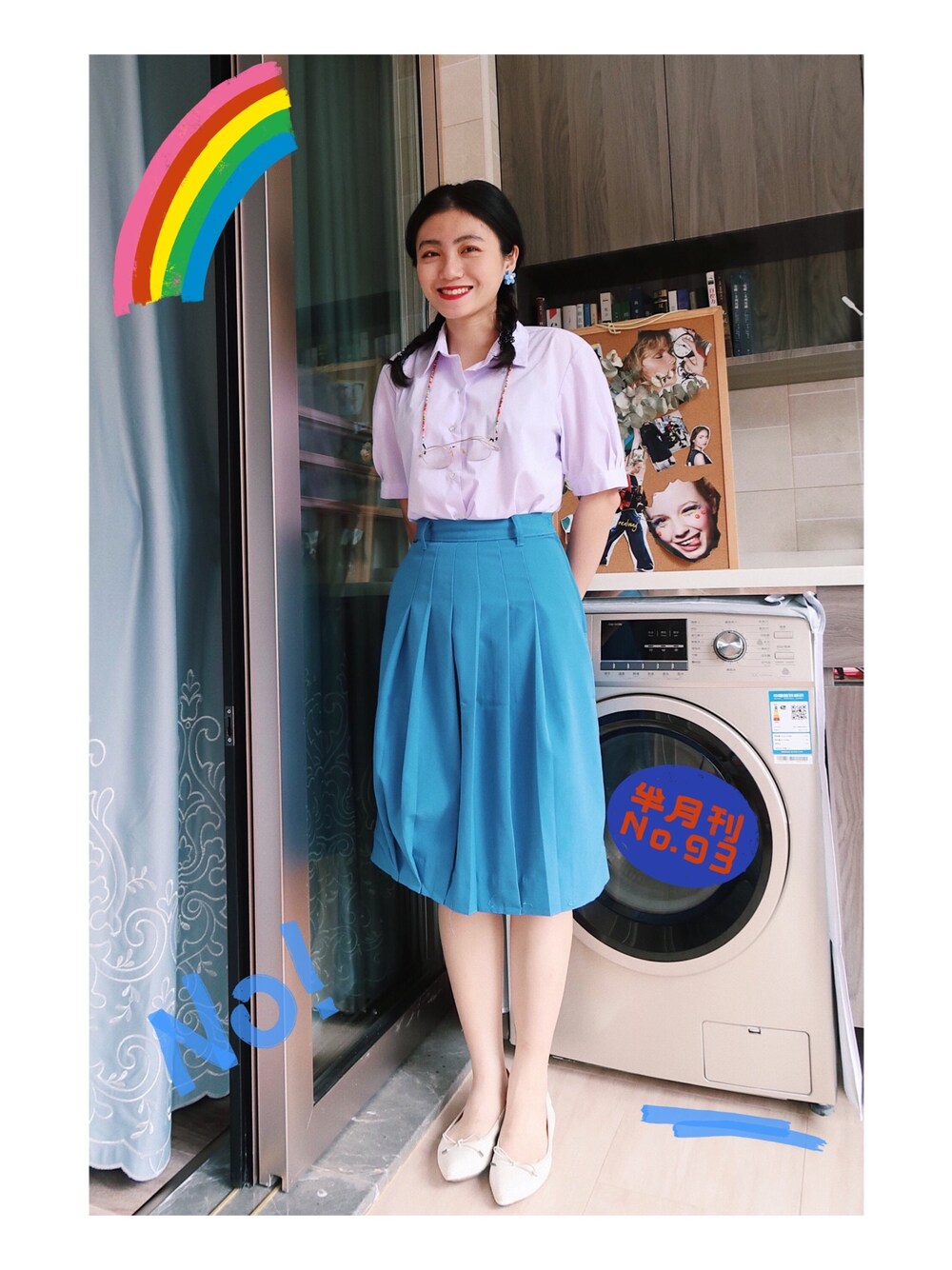 「ootd、泰国、夏、衬衫、休闲、复古、女人味、基础款、蓝色系、通勤穿搭」｜「泰国校服のアイテム（トップス、ホワイト系）」を使った、阿宁别怂さん（レディース・161cm）の春コーディネートの1枚目の写真