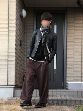 「ベロア」｜「アイテム（ライダースジャケット）」を使った、Kagetoraさん（メンズ・178cm）の冬コーディネート
