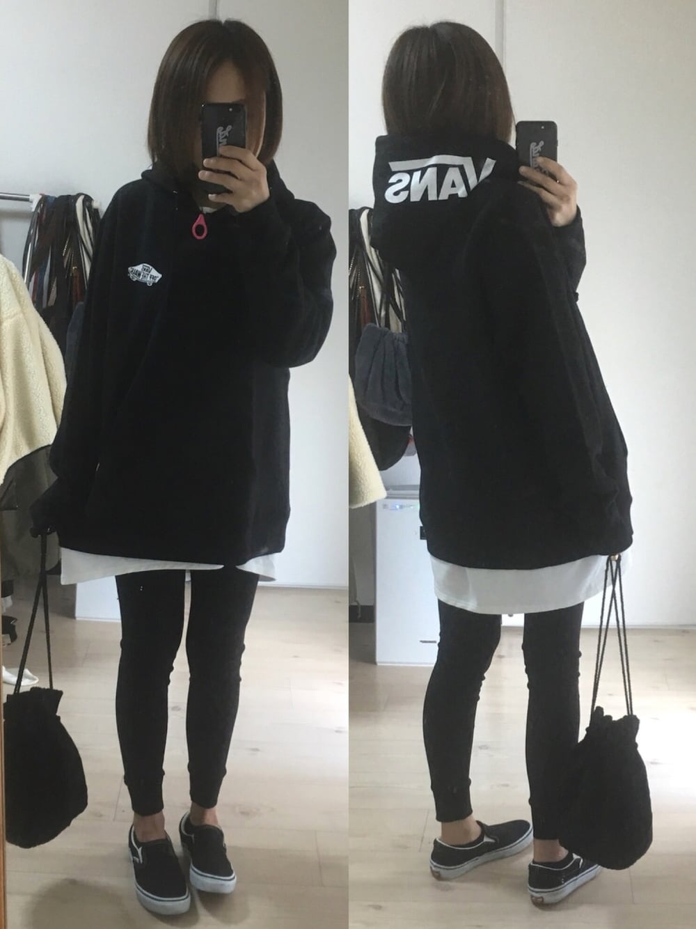 「休日スタイル、VANS、スウェット、プルオーバー、スリッポン、モノトーン、レギンス、オーバーサイズ、シンプル、GU」｜「BornのBorn Bare Fraise Full Length Leggings/ボーンベアフライスフルレングスレギンス（レギンス/スパッツ、ブラック系）」を使った、po.po☺︎さん（レディース・158cm）の冬コーディネートの1枚目の写真