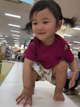 「petit main（プティマイン）の肩スリット入りリブ半袖Tシャツ（Tシャツ/カットソー、レッド系）」を使った、Hina☆さん（キッズ・90cm）の春コーディネート