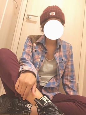 「Dickies（ディッキーズ）の【DICKIES】ミックスケーブルニットワッチ（ニットキャップ/ビーニー、レッド系）」を使った、との@180cm女子さん（メンズ・180cm）の秋コーディネート