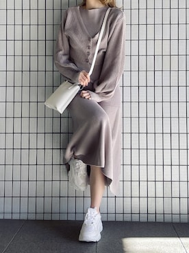 「dazzlin（ダズリン）の4WAYレイヤードコンビニットワンピース（ワンピース、ブラウン系）」を使った、natsumiさん（レディース・158cm）の冬コーディネート