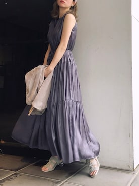 「dazzlin（ダズリン）のシャイニーティアードフレアワンピース（ワンピース、パープル系）」を使った、natsumiさん（レディース・158cm）の冬コーディネート