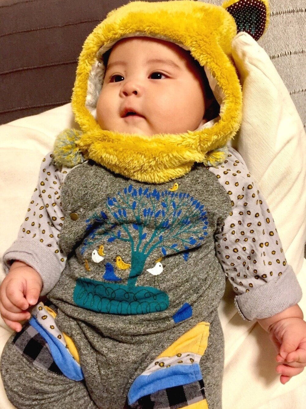 「baby、boy、autumn、ラグマート、ロンパース、秋服」｜「RAGMARTのネイチャーデザインロンパース（ロンパース、グレー系）」を使った、joe*さん（キッズ・70cm）の秋コーディネートの1枚目の写真