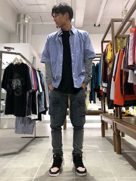 「DANKE SCHON（ダンケシェーン）のDankeSchone/ダンケシェーン/Stripe Albert S/S SHIRTS(ショートスリーブシャツ)（シャツ/ブラウス）」を使った、タグチ　ユータさん（メンズ・187cm）の夏コーディネート
