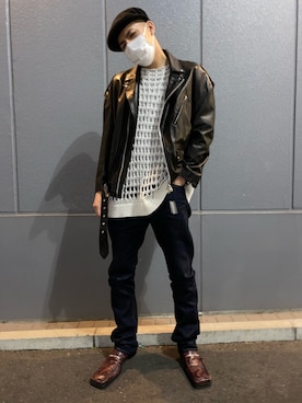 「WHITELAND（ホワイトランド）のアイテム（ライダースジャケット）」を使った、タグチ　ユータさん（メンズ・187cm）の冬コーディネート