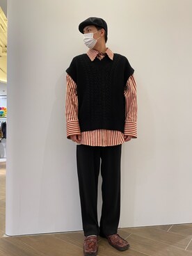 「DANKE SCHON（ダンケシェーン）のDankeSchon/ダンケシェーン/ケーブルニットベスト（ベスト）」を使った、タグチ　ユータさん（メンズ・187cm）の冬コーディネート