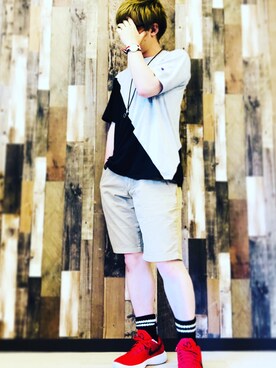 「Champion（チャンピオン）のアイテム（Tシャツ/カットソー、グレー系）」を使った、takahiro.shishidoさん（メンズ・170cm）の春コーディネート
