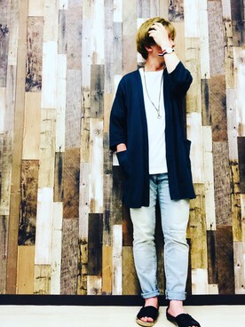 「WEGO（ウィゴー）のWEGO/ノーカラーロングカーディガン（カーディガン/ボレロ、グリーン系）」を使った、takahiro.shishidoさん（メンズ・170cm）の春コーディネート