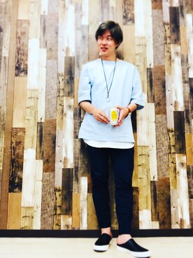 「古着屋本舗のアイテム（Tシャツ/カットソー、ブルー系）」を使った、takahiro.shishidoさん（メンズ・170cm）の夏コーディネート