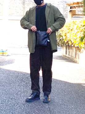 「GU（ジーユー）のアイテム（その他パンツ、グリーン系）」を使った、U字さん（メンズ・169cm）の冬コーディネート